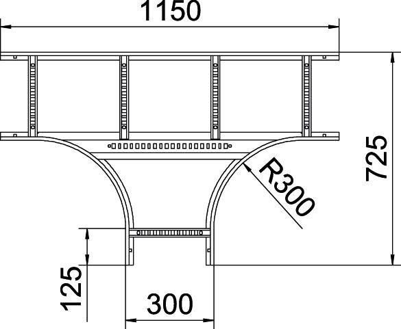 Dessin technique d'une connexion de chemin de câbles. Dimensions : 1150 x 725 mm, avec un rayon de courbure de 300 mm, profondeur 125 mm.