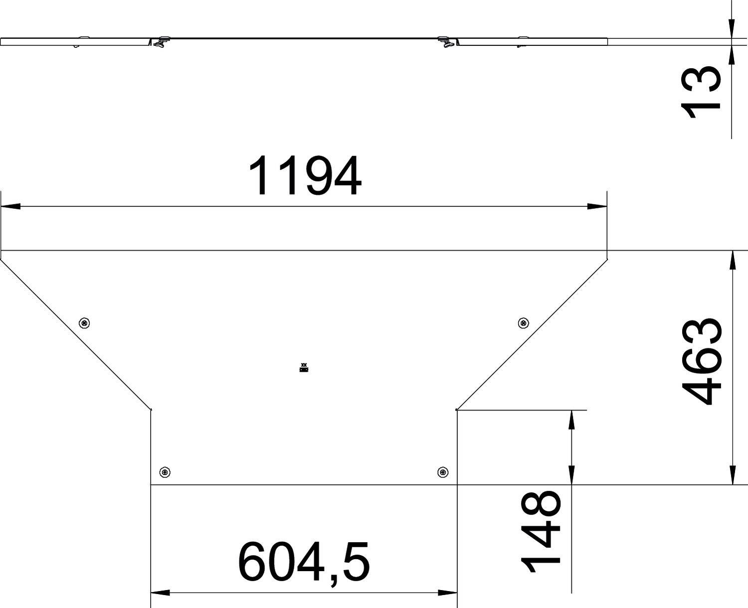 Dessin technique d'une plaque métallique trapézoïdale avec les dimensions suivantes : largeur 1194 mm, hauteur 463 mm, base 604,5 mm, hauteur latérale 148 mm.