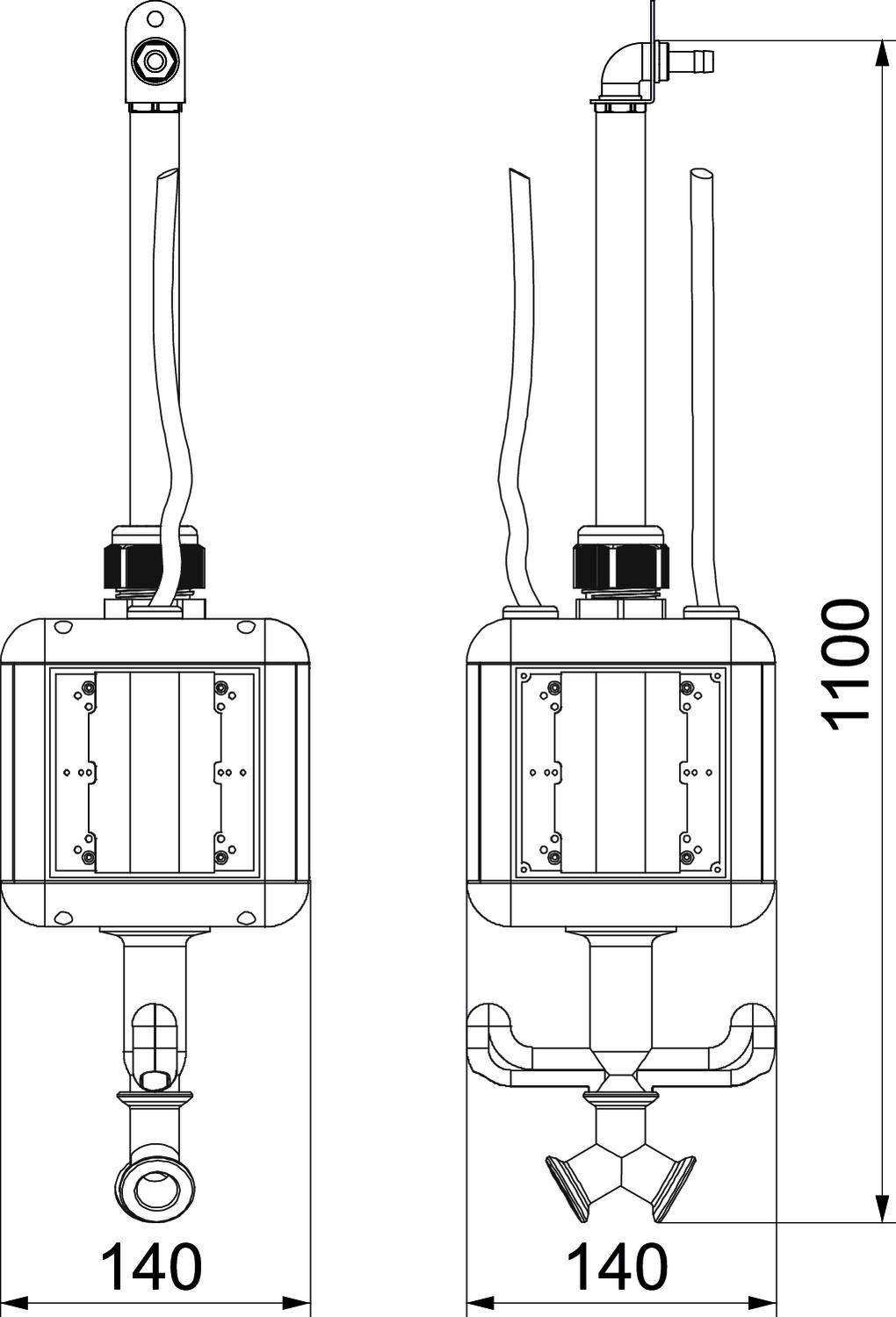 Dessin technique d'un appareil compact avec dimensions : largeur de 140 mm et hauteur de 1100 mm, présentant deux vues avec des connexions.