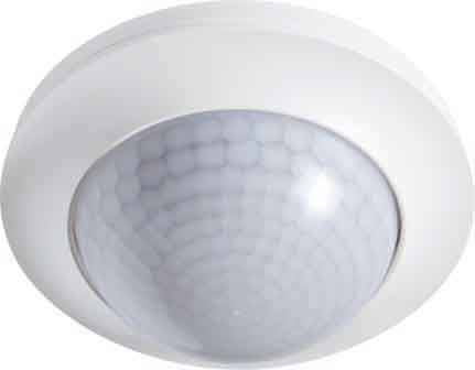 Un détecteur de mouvement de plafond rond en blanc, avec un couvercle semi-sphérique et strié.