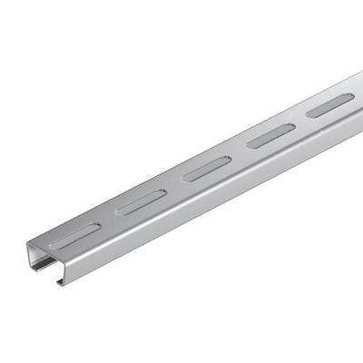 Un profilé métallique argenté avec des fentes rectangulaires régulières le long de son centre. Il semble adapté à des usages de fixation.