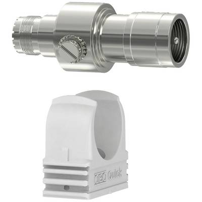 Deux composants métalliques et en plastique blanc qui forment ensemble un système de raccordement pour connexions de tuyaux.