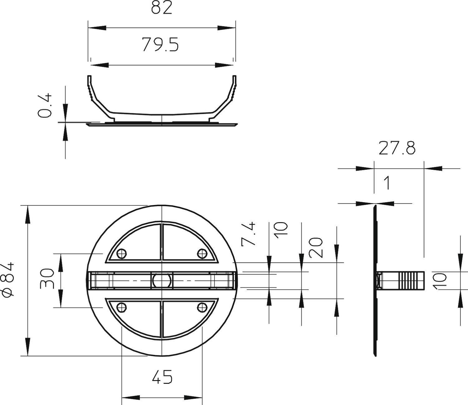 Dessin technique d'un composant rond avec dimensions. Présente des vues de dessus et de côté, incluant des annotations de mesures en millimètres.