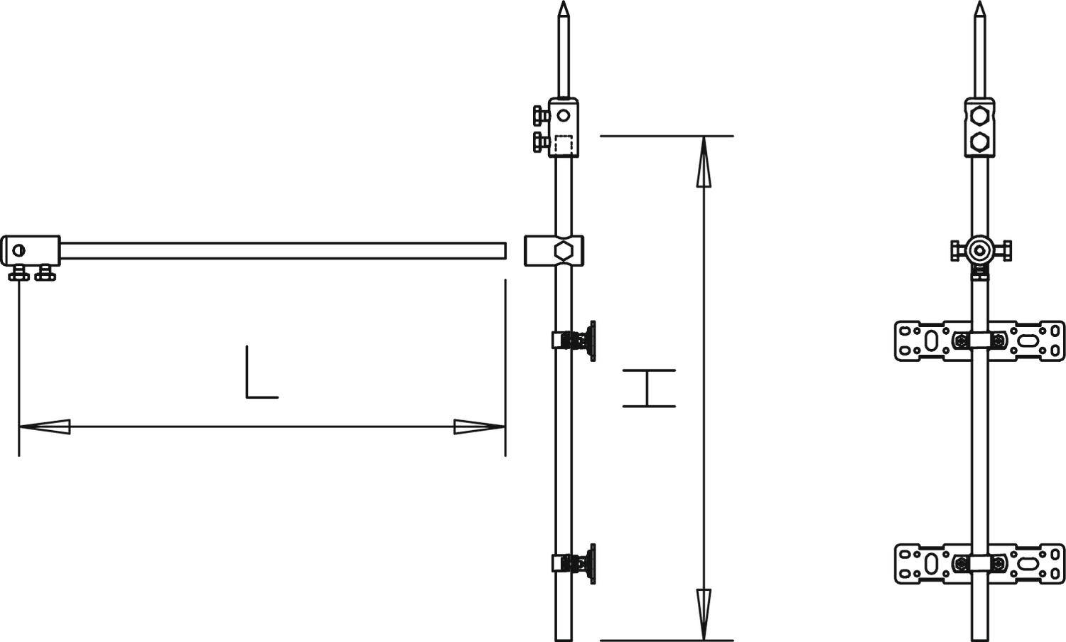 Dessin technique d'un support de mesure avec vue verticale et horizontale, montrant les dimensions de longueur L et H ainsi que les fixations par serrage.