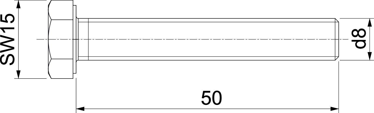 Dessin technique d'une vis. Dimensions : Largeur de tête 'SW 15', Longueur '50', Diamètre 'd8'.