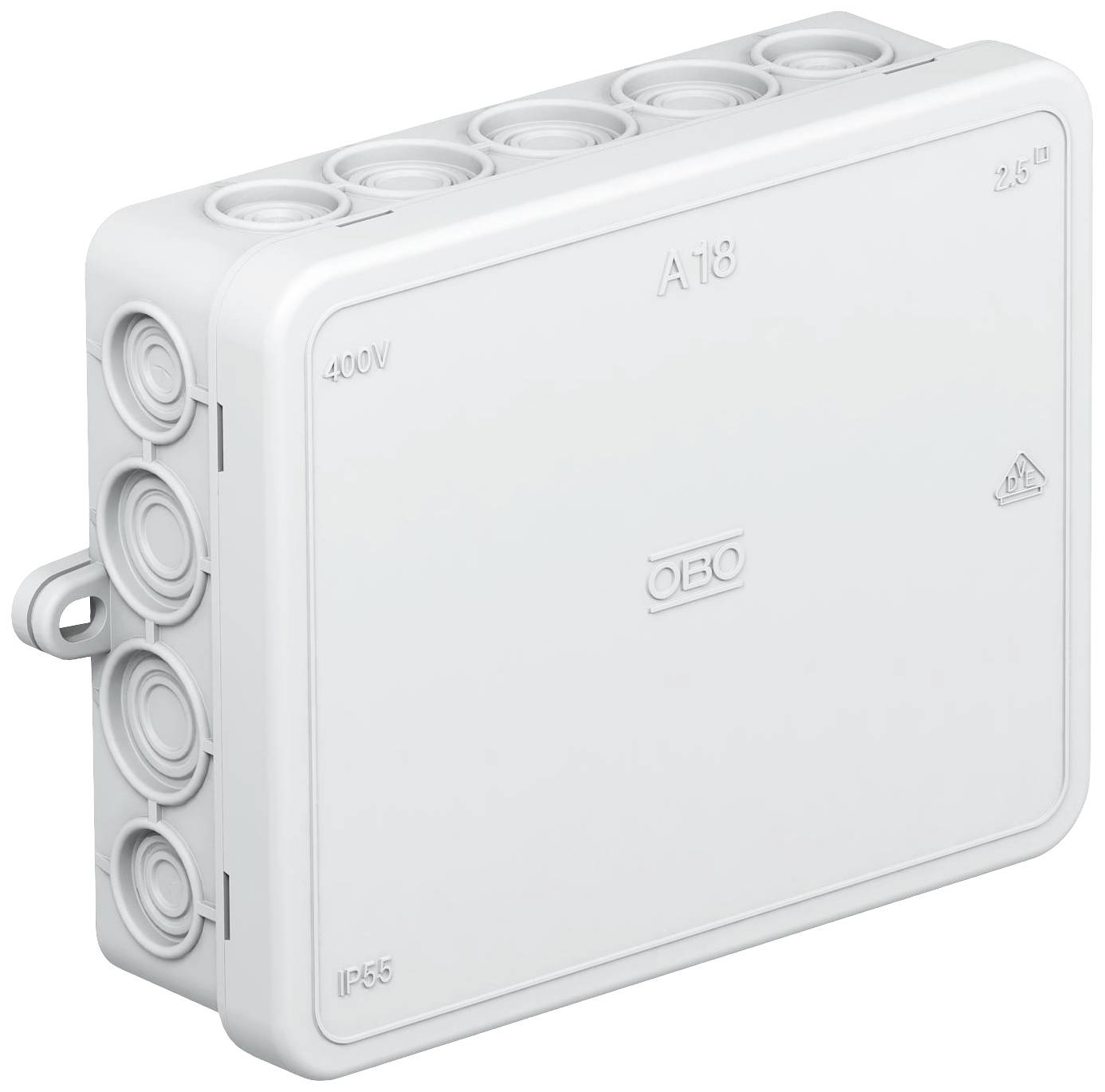 Boîte de dérivation en plastique blanc avec couvercle amovible, adaptée aux installations électriques jusqu'à 400V et de degré de protection IP55.