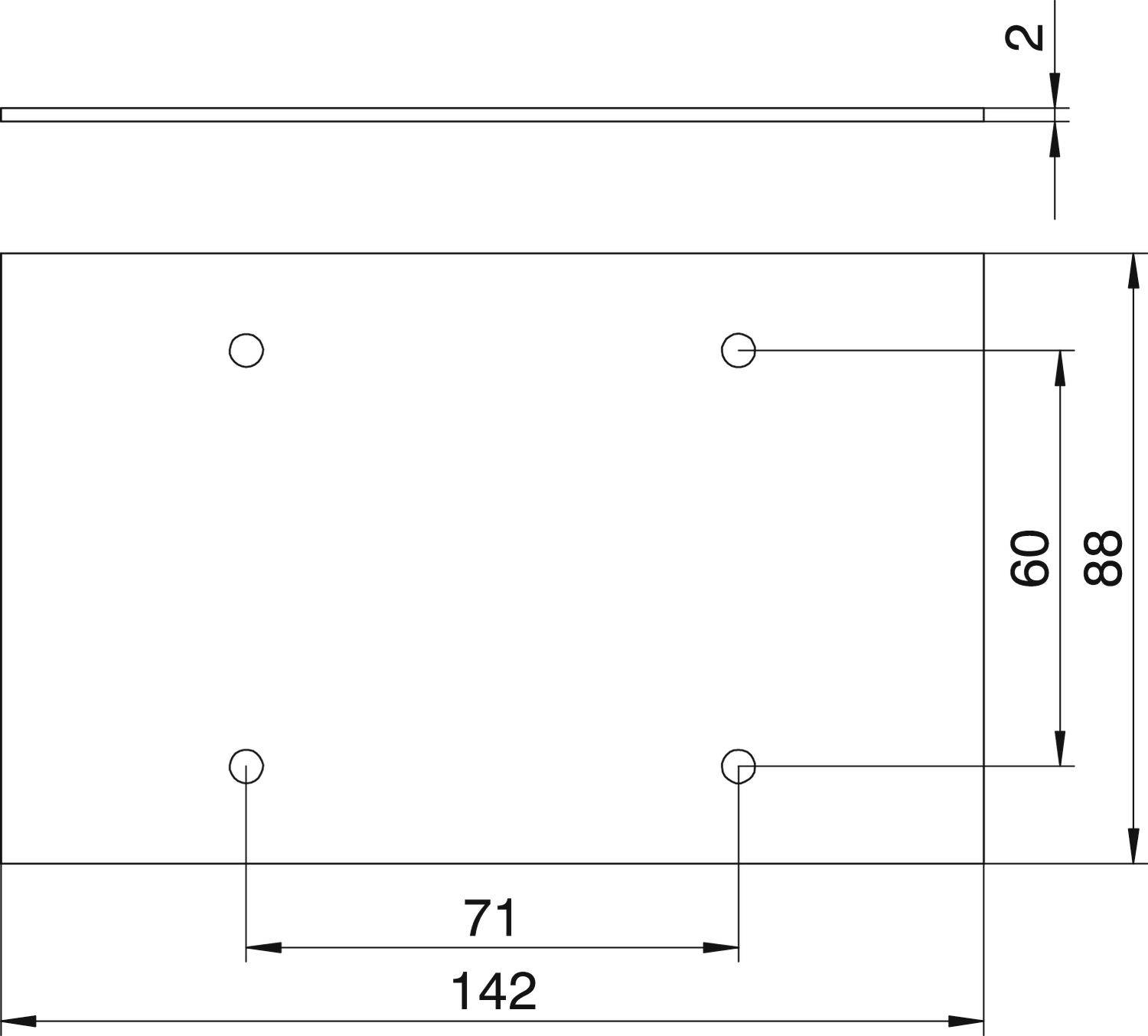 Dessin d'un objet rectangulaire de dimensions 142 x 88 mm, montrant quatre trous de vis et les distances spécifiques entre ces trous.