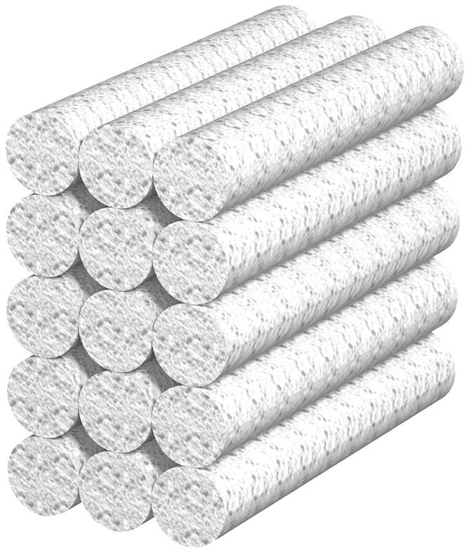 Deux couches de tubes cylindriques, empilées symétriquement, donnent l'impression de structure et de stabilité.