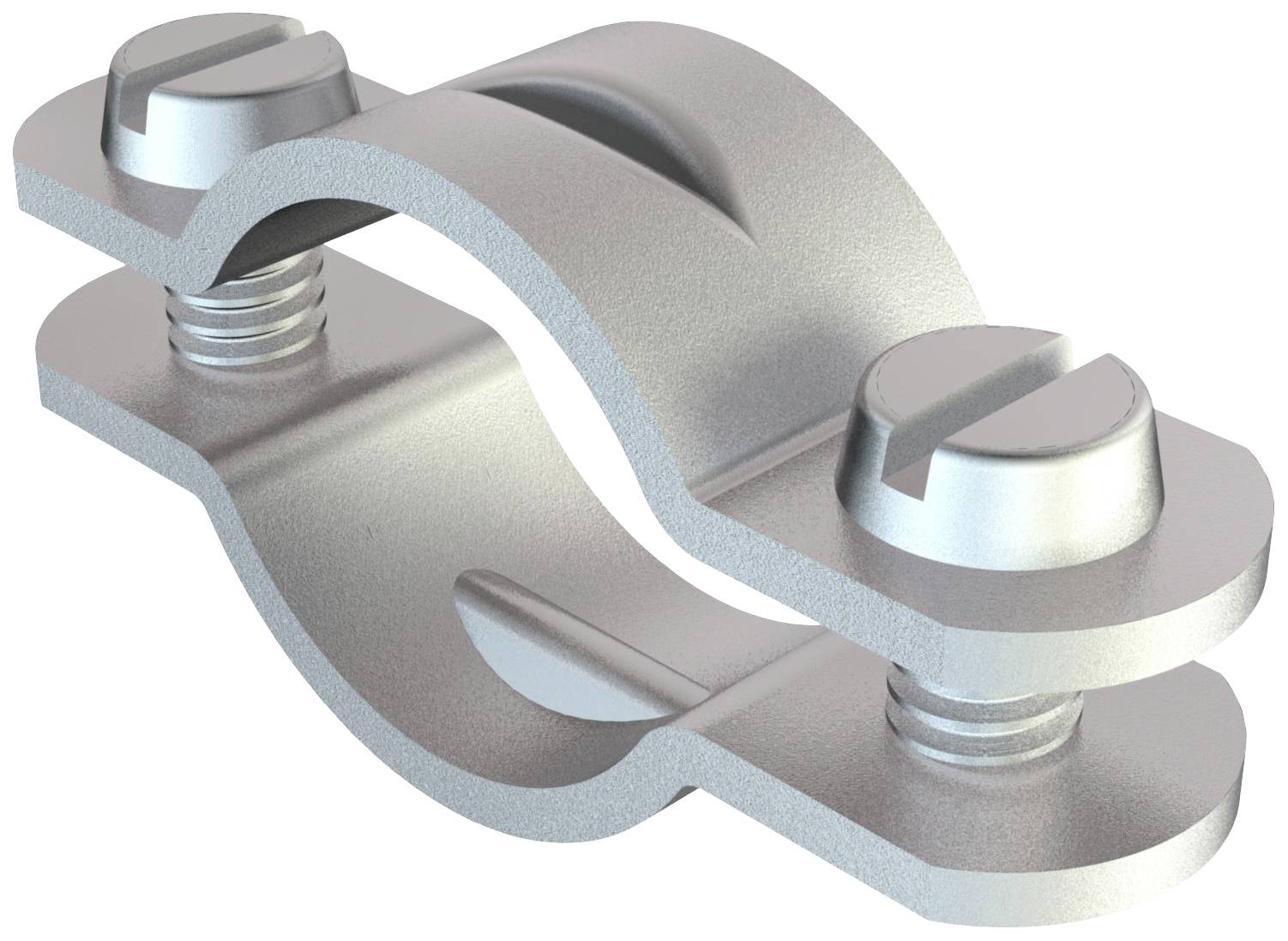 Collier de serrage métallique à deux vis, utilisé pour la fixation de tuyaux. Il présente une structure incurvée et est fabriqué en métal.