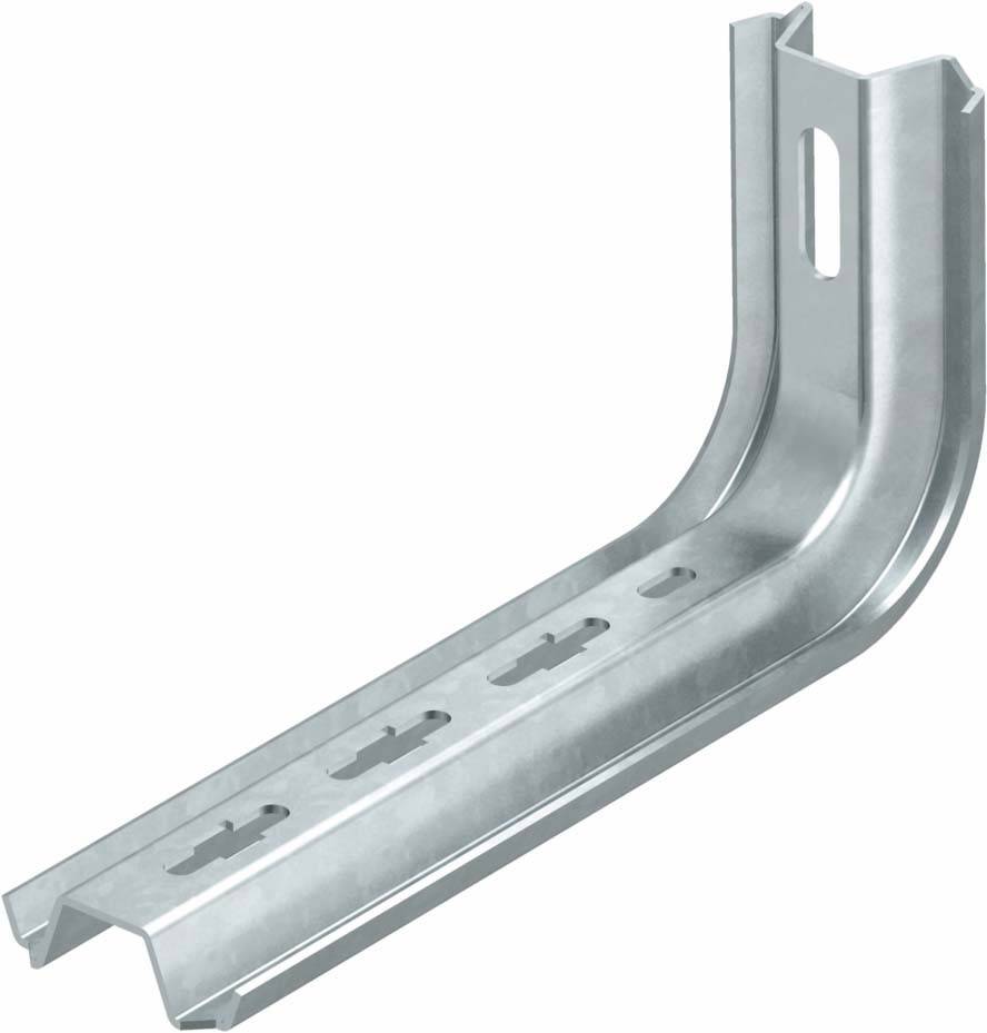 Support d'angle métallique avec bord arrondi et plusieurs trous de vis, adapté aux systèmes d'étagères ou de montage.