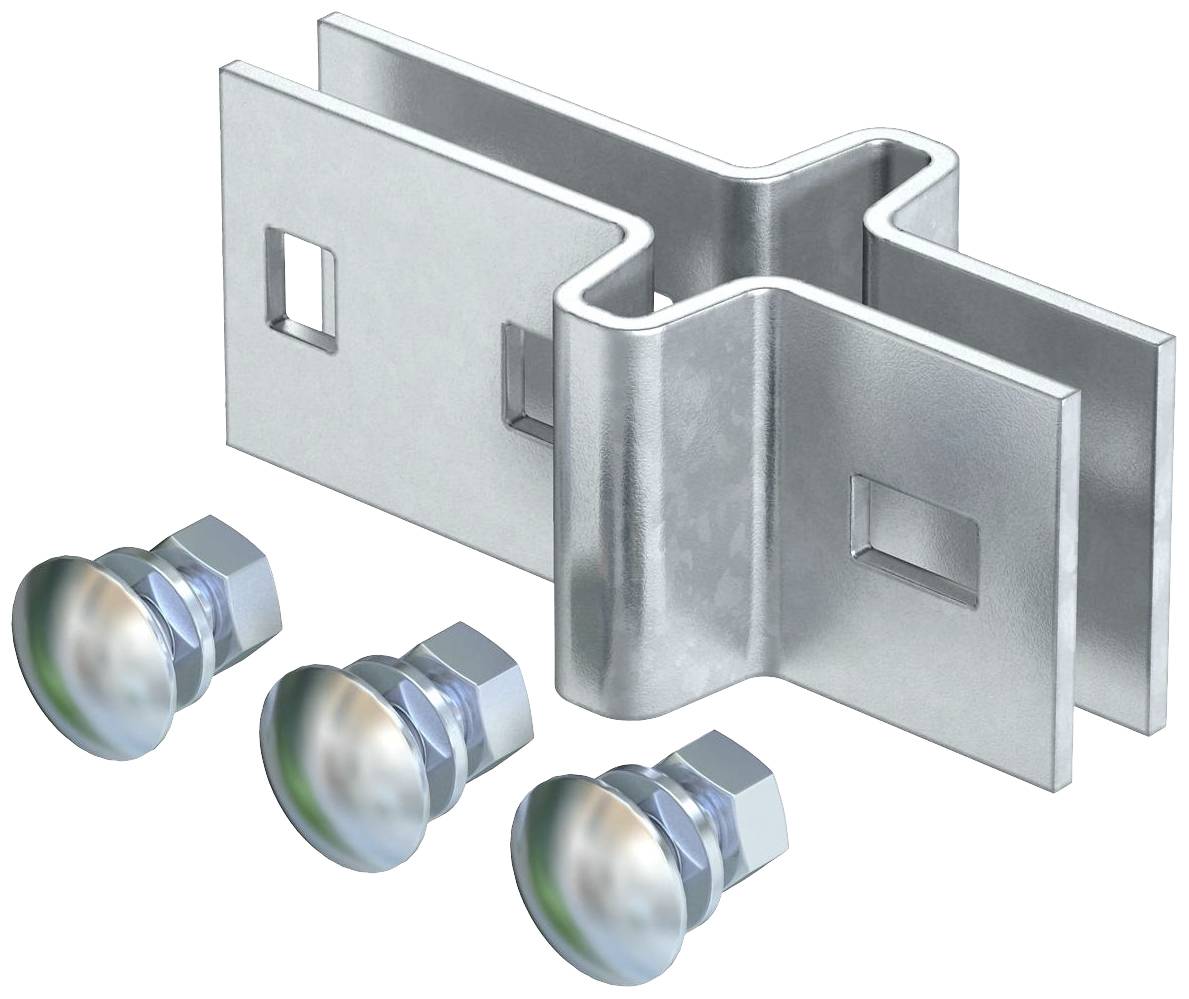 Support métallique de forme rectangulaire avec trois vis correspondantes. Adapté pour la fixation d'éléments de construction.