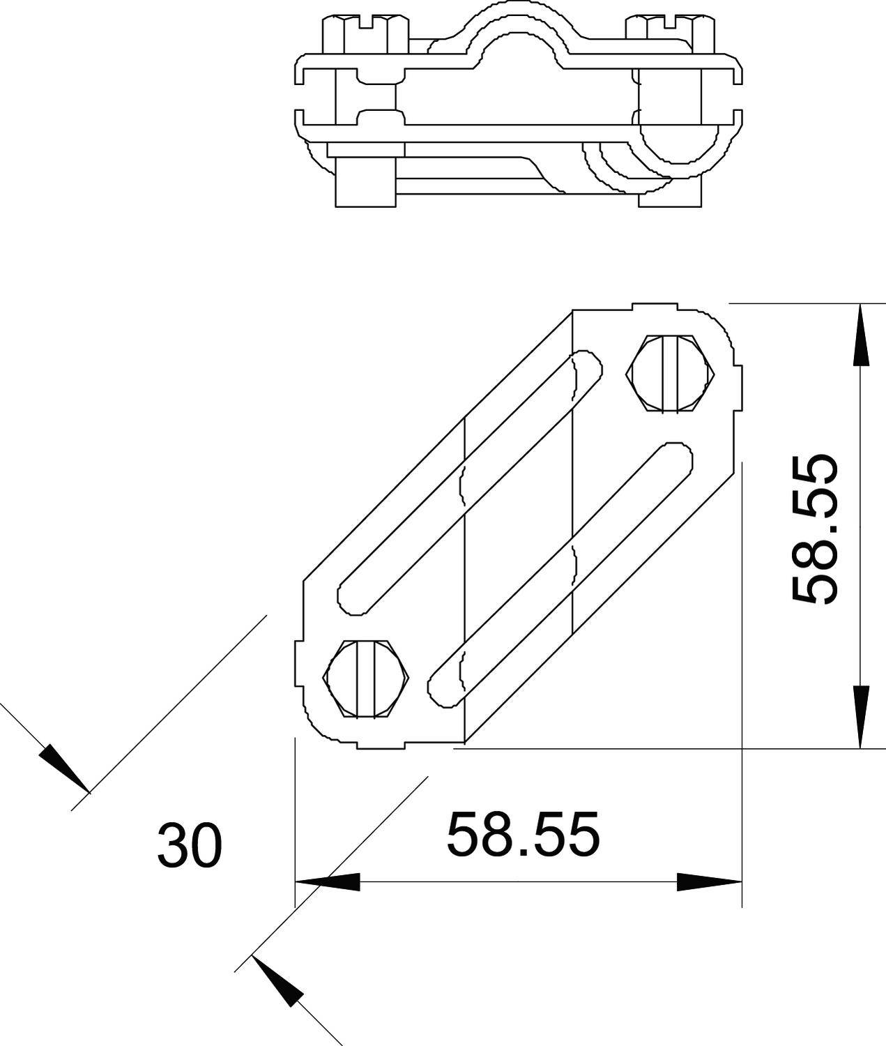 Dessin technique d'un raccord de tube avec dimensions : longueur 58,55 mm, largeur 30 mm. Vue de face en haut à droite, vue latérale en bas.
