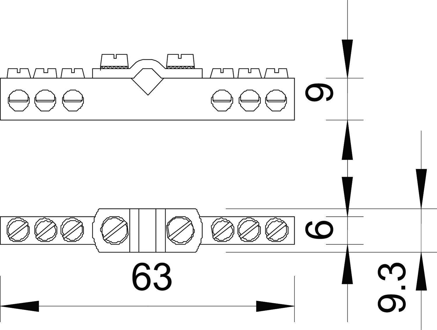 Dessin technique d'un composant rectangulaire. Vue de face en haut avec six trous de vis, vue de dessus en bas. Dimensions 63, 9, 6.