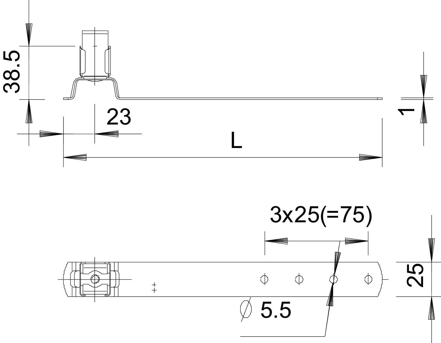Dessin technique d'une pièce métallique avec les dimensions suivantes : Hauteur 38,5 mm, Longueur variable (L), Largeur 23 mm. Comprend les positions et dimensions des trous de perçage.