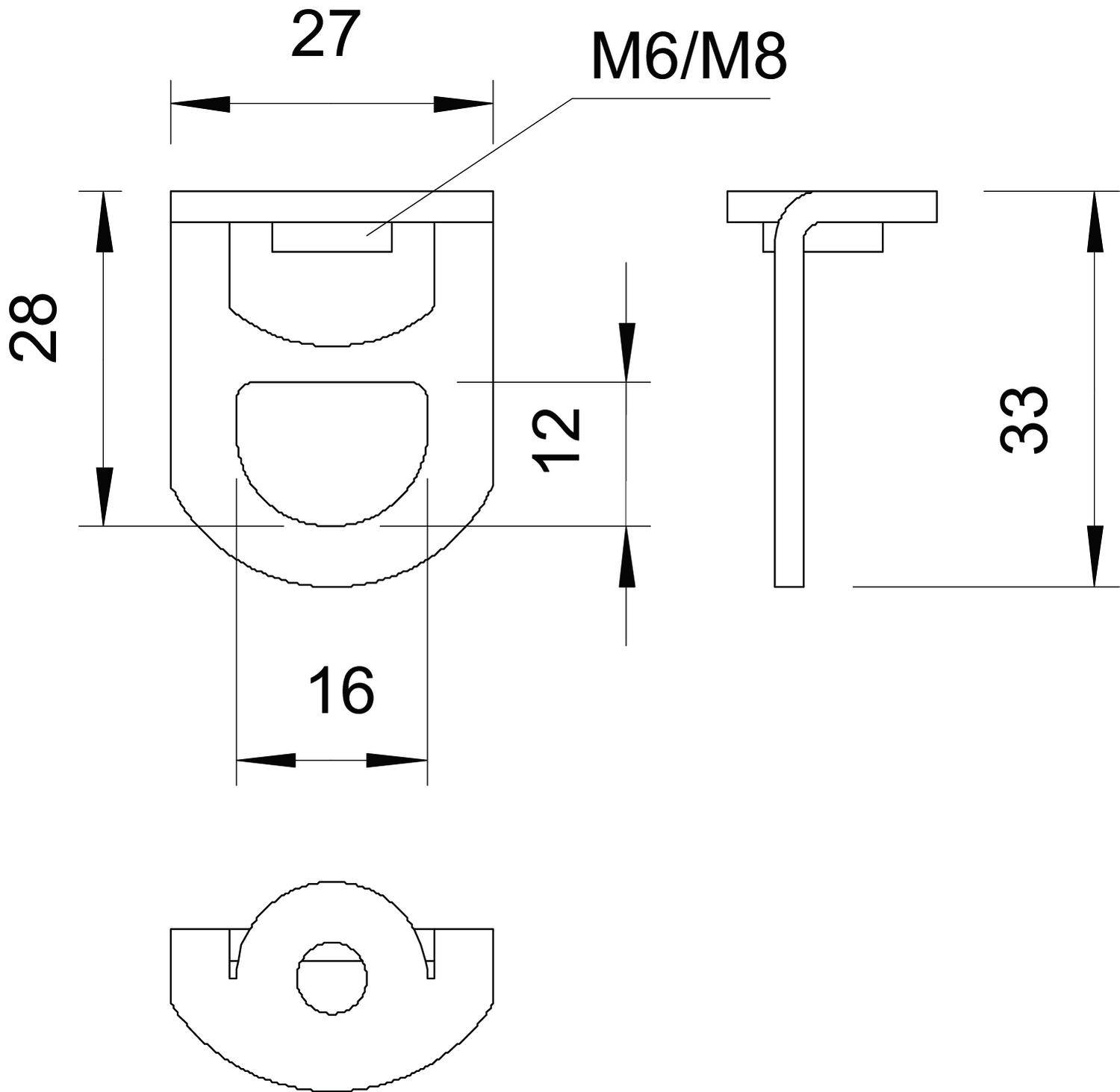 Dessin technique d'un support avec dimensions : Hauteur 28 mm, Largeur 16 mm, Profondeur 12 mm, Hauteur totale 33 mm, Perçage M6/M8, Distance 27 mm.