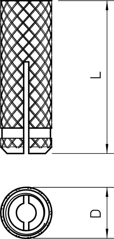Dessin technique d'un objet cylindrique avec une structure en grille, longueur 'L' et diamètre 'D' indiqués. Présente une vue en coupe.