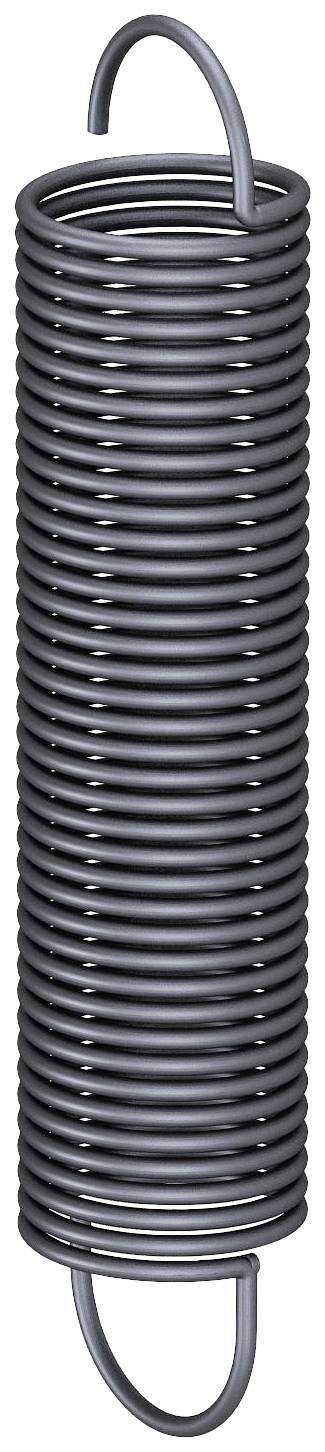 Ressort métallique à de nombreuses spires serrées et crochets aux deux extrémités, potentiellement utilisé dans des dispositifs mécaniques.