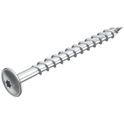Une vis à bois en argent à tête plate avec entraînement Torx ; convenant aux assemblages de bois. Tête à gauche, pointe pointue à droite.