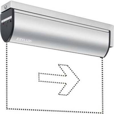 Détecteur de mouvement encastré au plafond, au design argenté, avec une flèche pointillée orientée vers le bas à droite, symbolisant la direction de détection.
