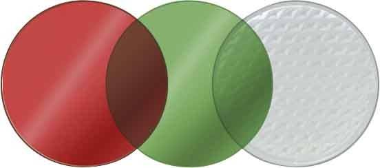 Trois cercles qui se chevauchent en rouge, vert et blanc. Les zones de chevauchement créent de nouvelles nuances de couleur.