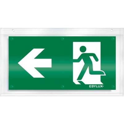 Panneau de sortie de secours avec un fond vert montrant un homme en train de courir sortant par une porte, avec une flèche pointant vers la gauche.