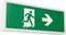 Panneau de sortie de secours vert avec un symbole représentant une personne courant vers une porte blanche, accompagné d'une flèche vers la droite.