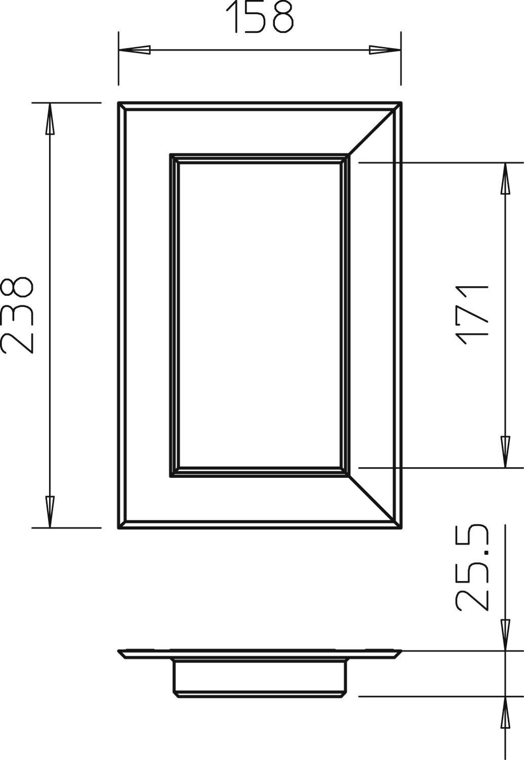 'Dessin technique d'un cadre rectangulaire avec des dimensions de 158x238x25,5 mm et une ouverture intérieure de 171 mm.'