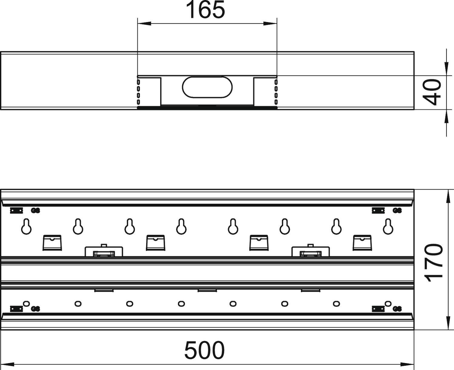 Dessin technique d'un cadre de montage. En haut : Vue latérale avec dimensions de 165 mm de largeur et 40 mm de hauteur. En bas : Vue de face, 500 mm de largeur, 170 mm de hauteur.