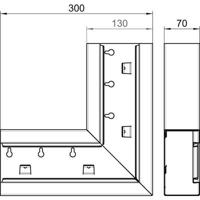Dessin technique d'un objet en forme de L avec les dimensions suivantes : 300 mm en horizontal, 130 mm en vertical, 70 mm de profondeur. Trous de vis visibles.