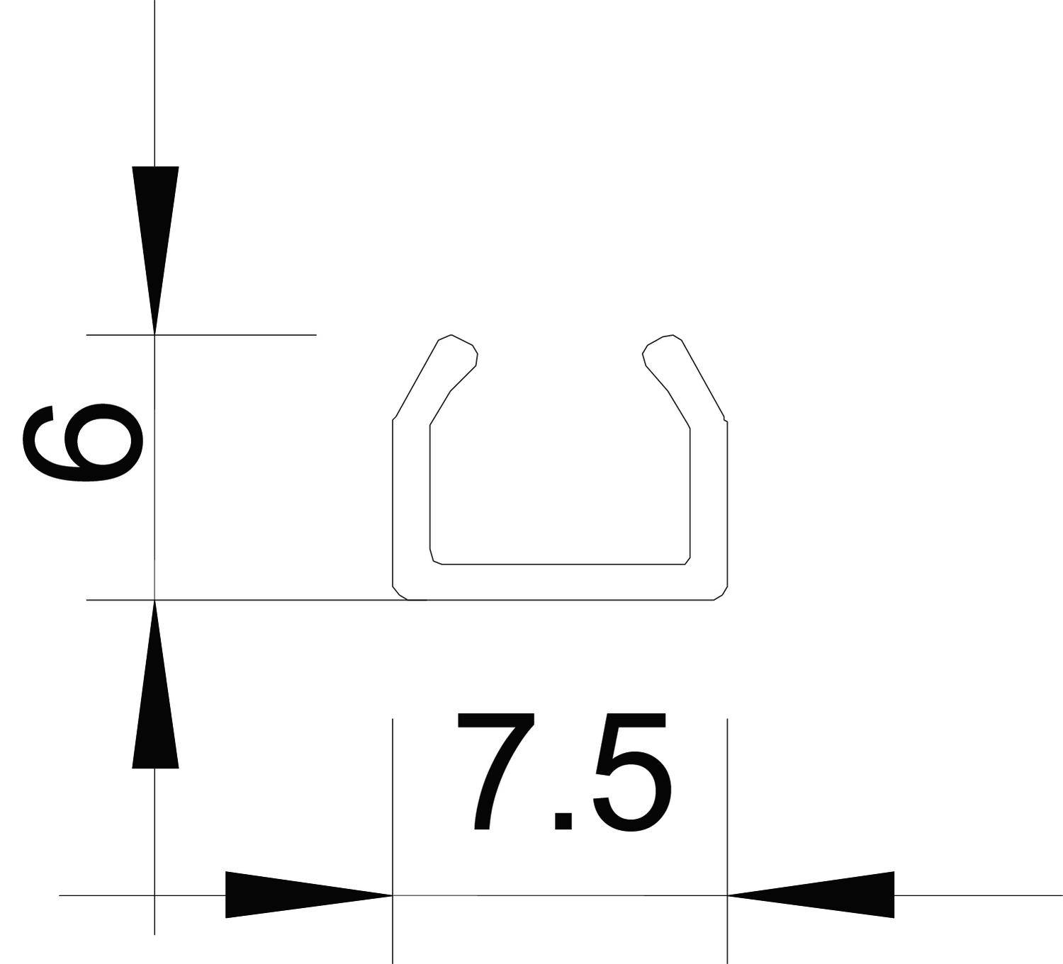Profil de profilé en U avec coupe transversale, dimensions : 9 mm de hauteur et 7,5 mm de largeur, représenté par des flèches et des chiffres.