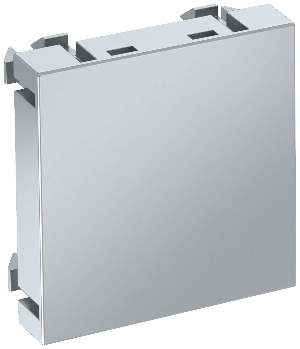 Plaque de couverture carrée métallique pour interrupteur électrique ou prise de courant, avec éléments de fixation latéraux.