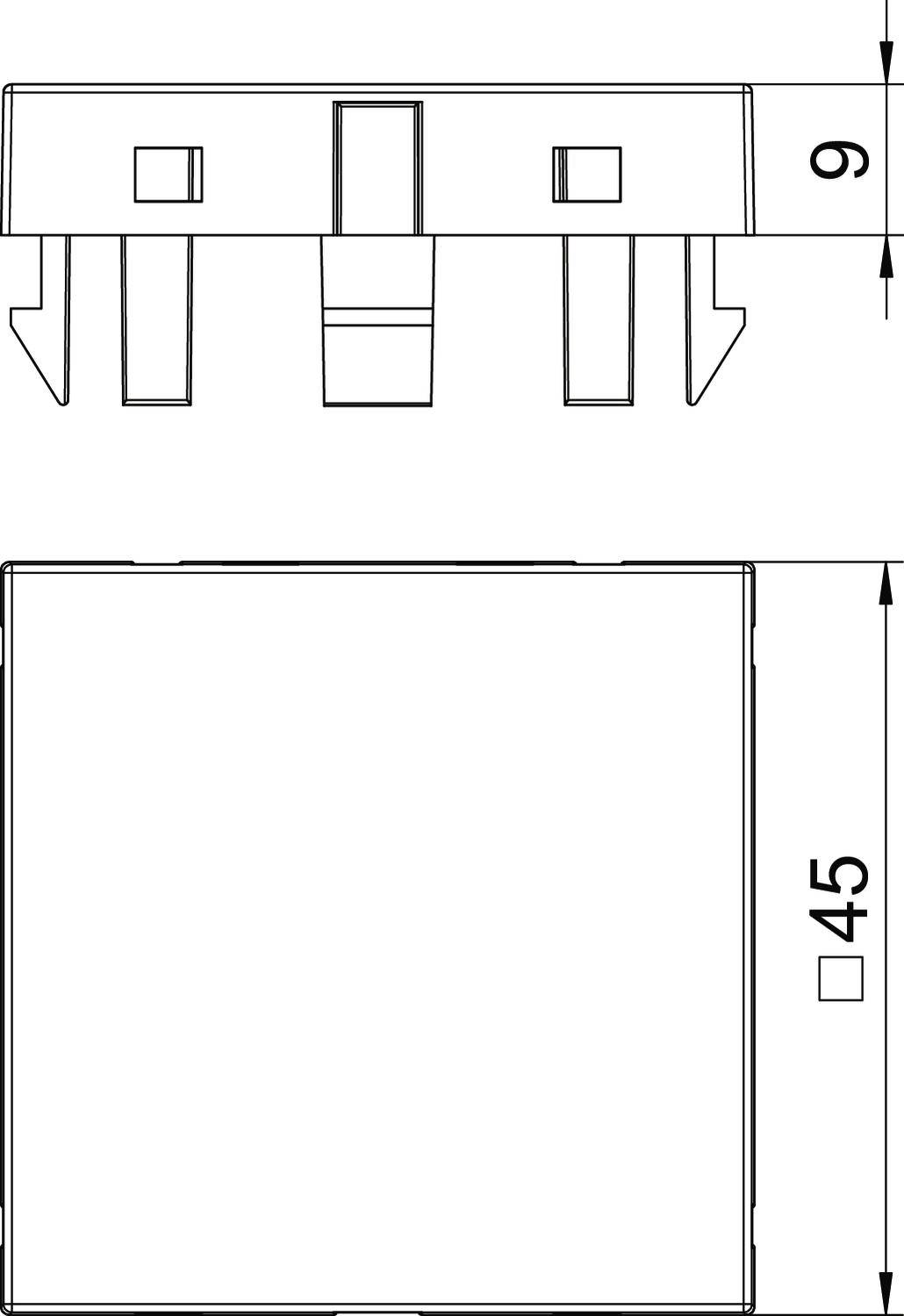 Dessin technique d'une pièce rectangulaire avec clips de fixation. Dimensions : 9 mm de hauteur, 45 mm de largeur. Vue de dessus et vue latérale.