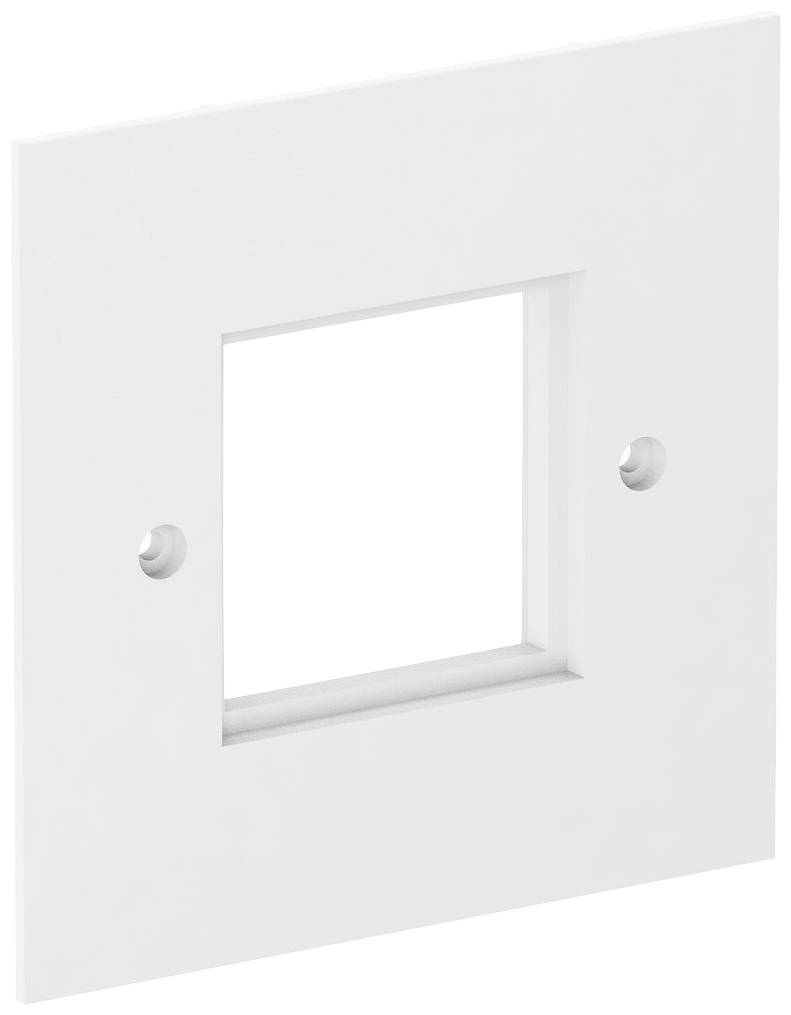 Cadre adaptateur rectangulaire blanc avec une découpe carrée au centre. Deux trous de montage sont situés sur les côtés.