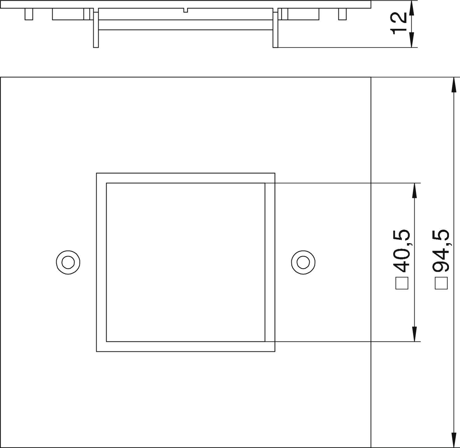 Dessin technique d'un composant carré avec des dimensions précises. Dimensions : 12 mm de hauteur, 40,5 mm et 94,5 mm de largeur.
