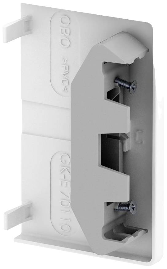 Support en plastique blanc avec vis, montage mural. Vue de face montrant le mécanisme de fixation. Adapté pour les installations électriques.