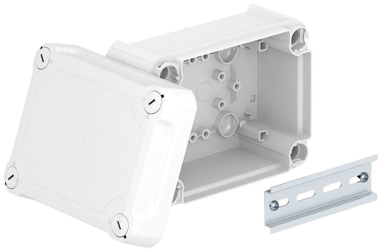 Boîte de dérivation rectangulaire blanche en plastique avec son couvercle retiré. À côté se trouve une rail de montage métallique argentée.