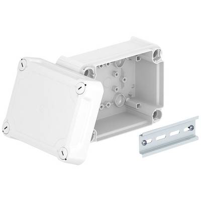 Boîte de dérivation rectangulaire blanche en plastique avec son couvercle retiré. À côté se trouve une rail de montage métallique argentée.