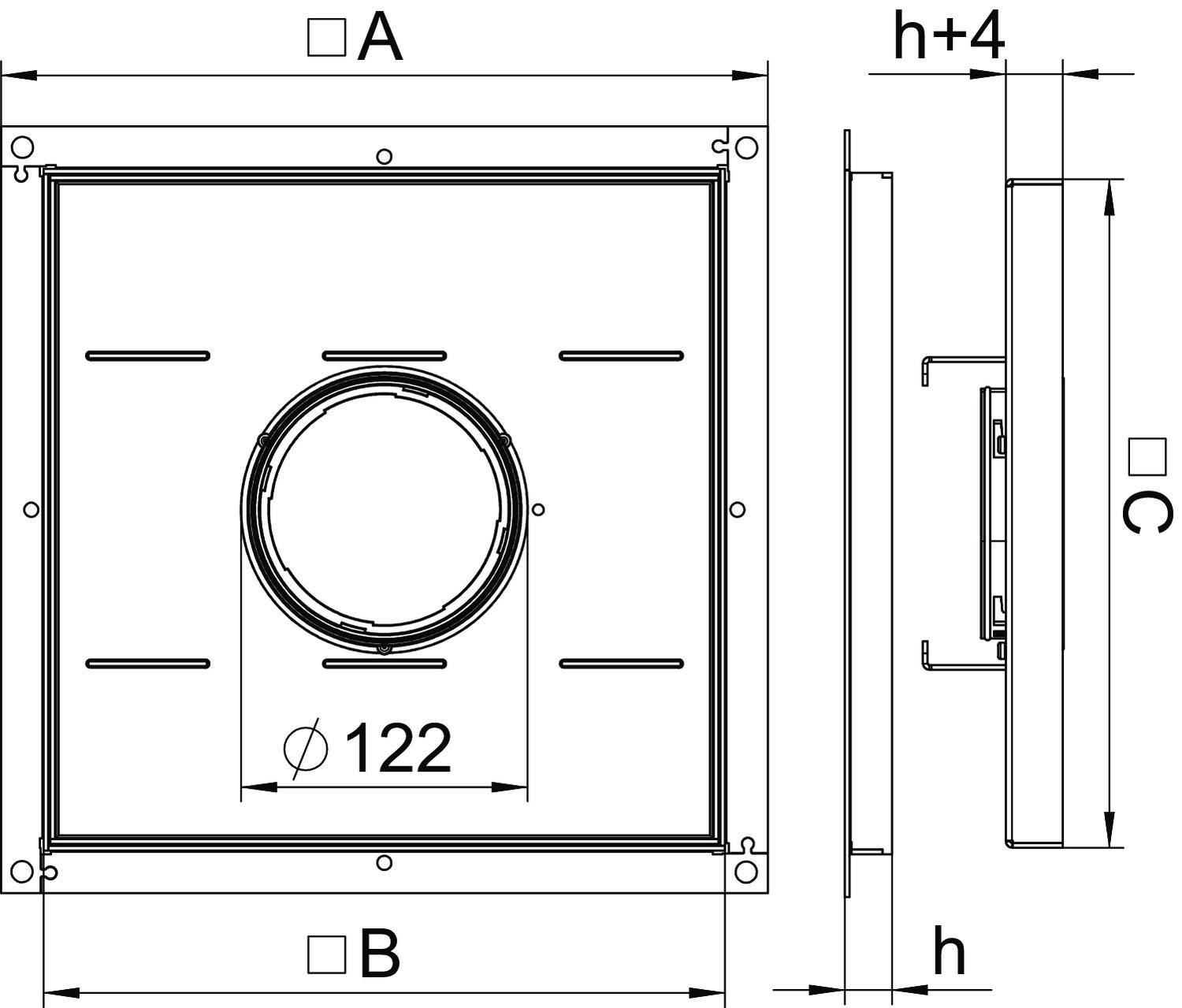 Dessin technique d'une grille de ventilation carrée avec les dimensions suivantes : largeur (A), hauteur (B), profondeur (h), et une entrée d'air centrale et circulaire (Ø122).