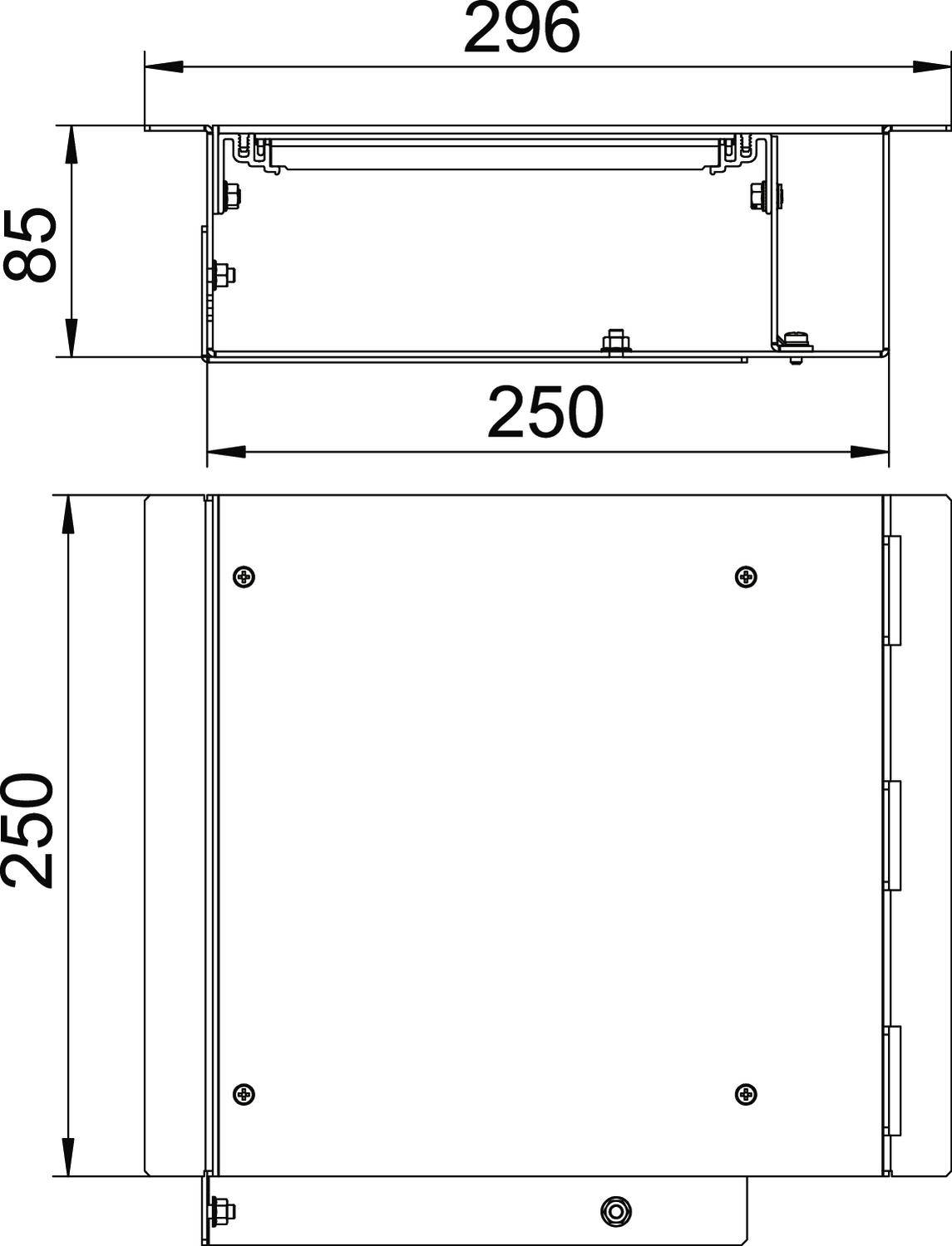 Dessin technique d'un boîtier rectangulaire aux dimensions 296 x 250 x 85 mm, présentant différentes vues et mesures.