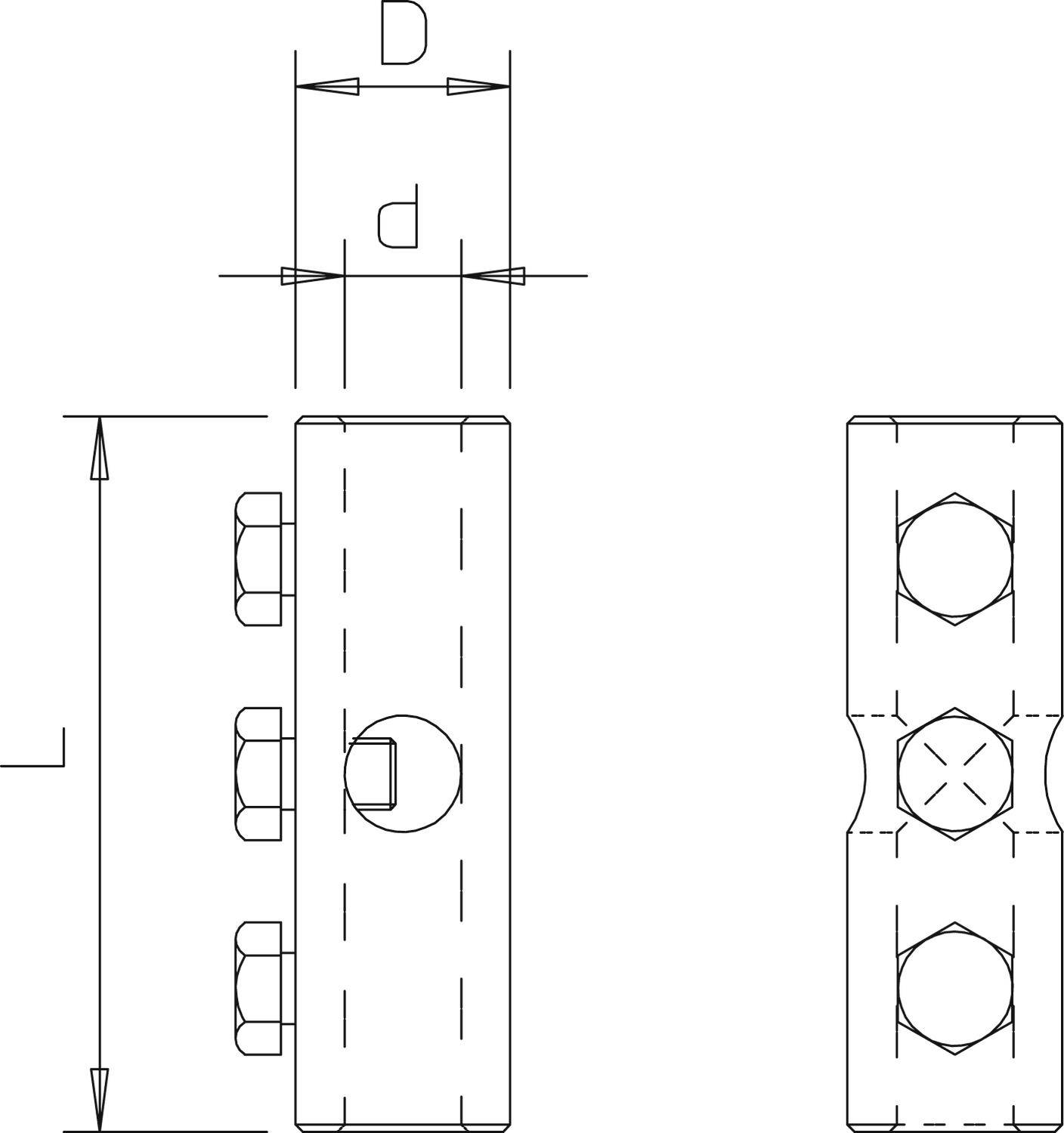 Dessin technique d'une pièce métallique rectangulaire avec des perçages, des tolérances et des dimensions d, D, L. Vue de côté et vue de dessus.