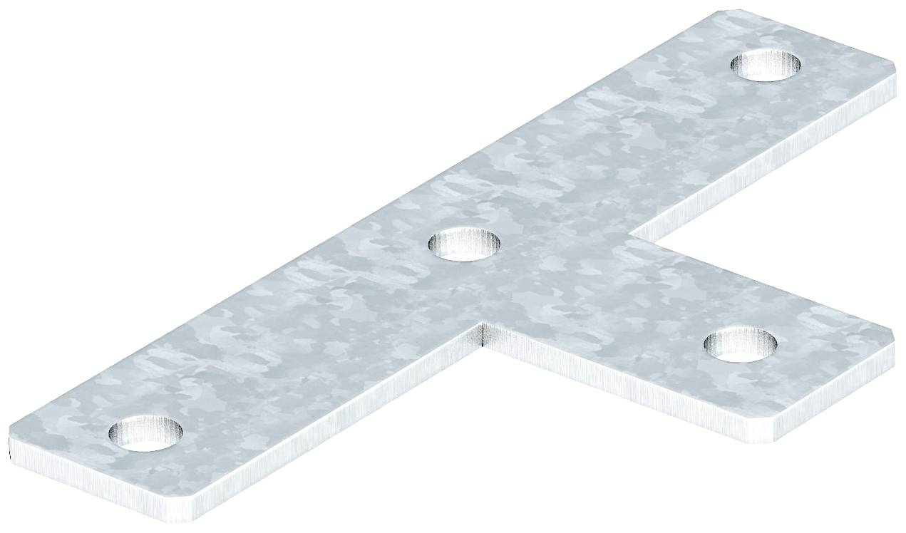 Équerre métallique avec quatre trous de fixation ; surface revêtue de zinc.