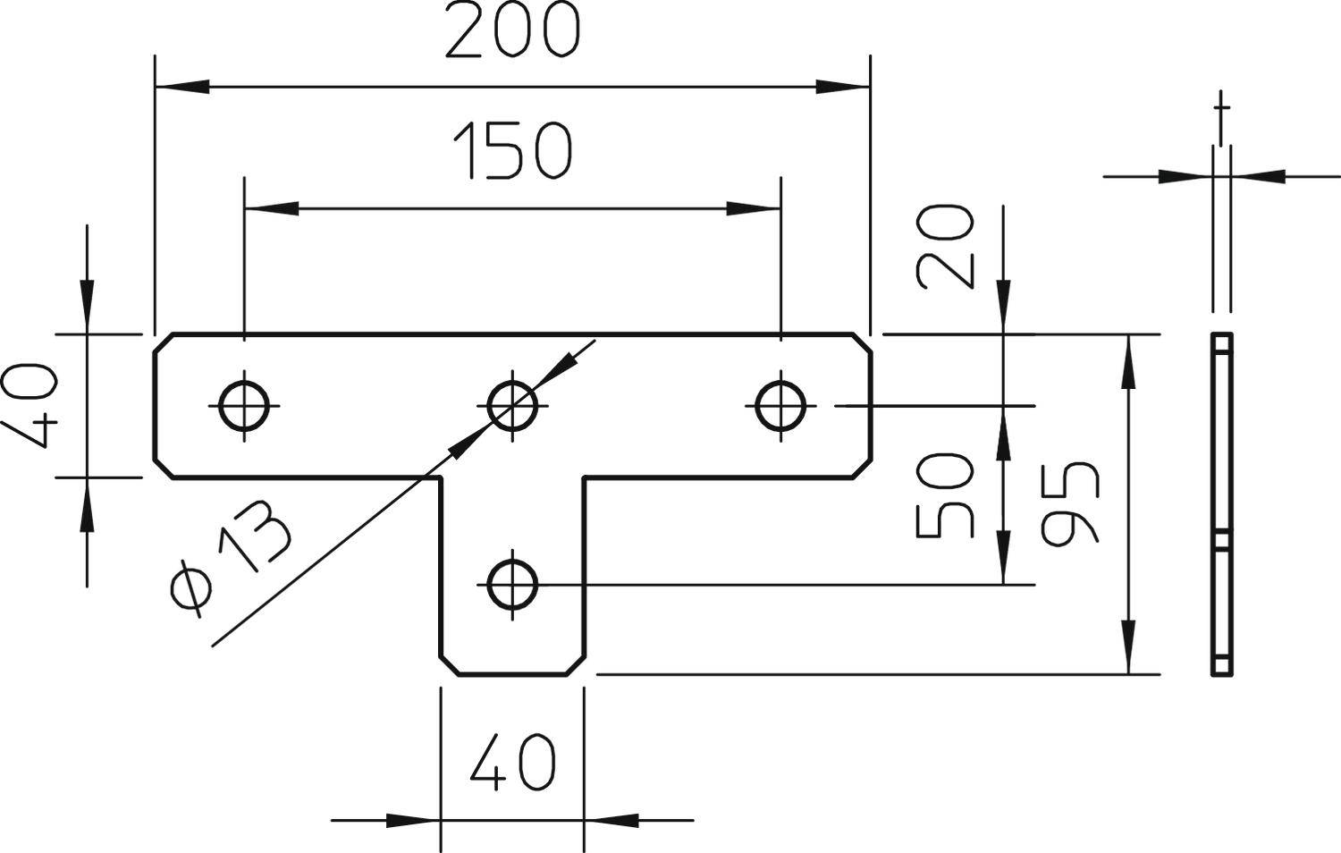Dessin technique d'une plaque métallique en forme de T avec des dimensions en millimètres. Trous marqués de diamètre 13 mm. Les illustrations incluent une vue latérale.