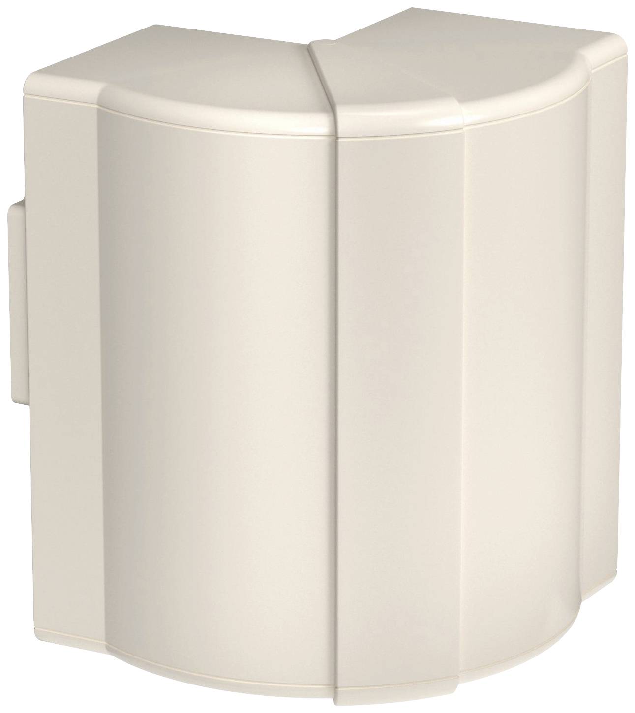 Un élément d'angle de couleur crème, recouvert de plastique, utilisé pour raccorder deux surfaces perpendiculaires.