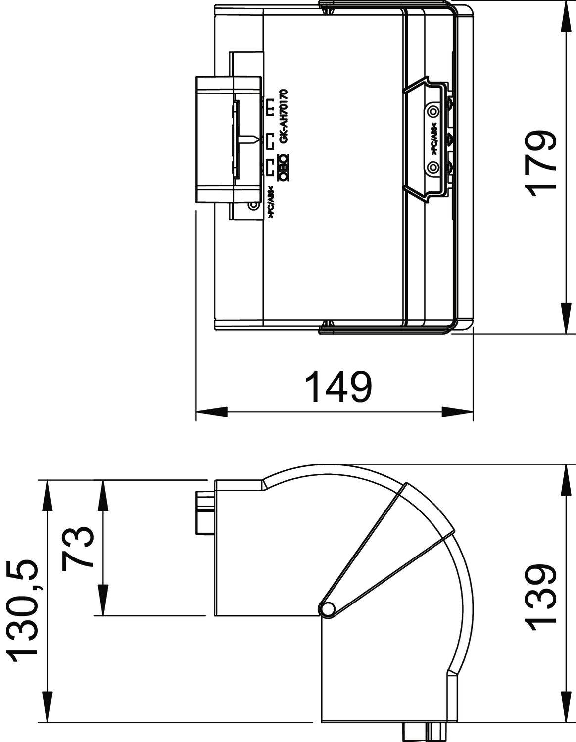 Dessin technique d'un appareil électrique avec les dimensions : 149 x 179 x 130,5 mm. Détails des connexions et des bornes visibles.
