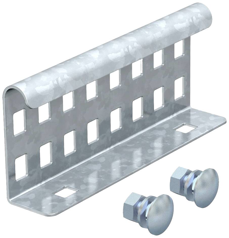 Support d'angle métallique avec des découpes carrées, accompagné de deux vis. Utilisé pour la fixation et la stabilisation.