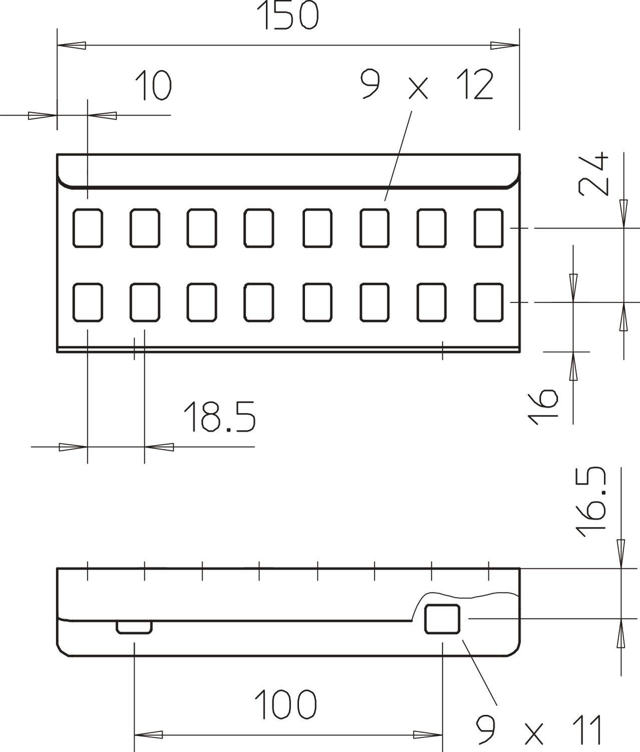 Dessin technique d'un composant rectangulaire avec plusieurs découpes carrées. Les dimensions et les espacements sont indiqués en millimètres.