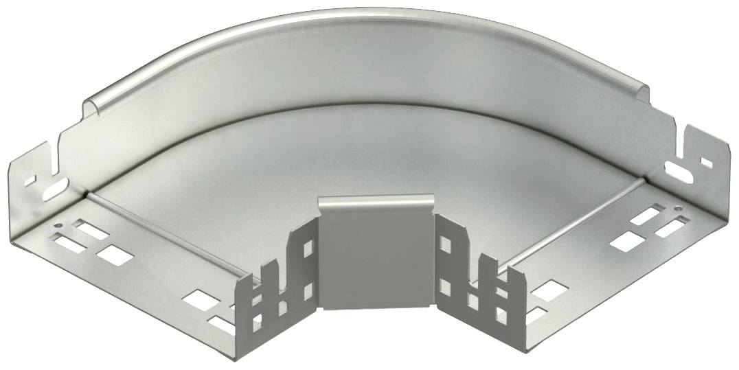Un conduit de câbles métallique, de forme incurvée, avec plusieurs trous de fixation pour le montage ; élément fonctionnel dans l'installation électrique.
