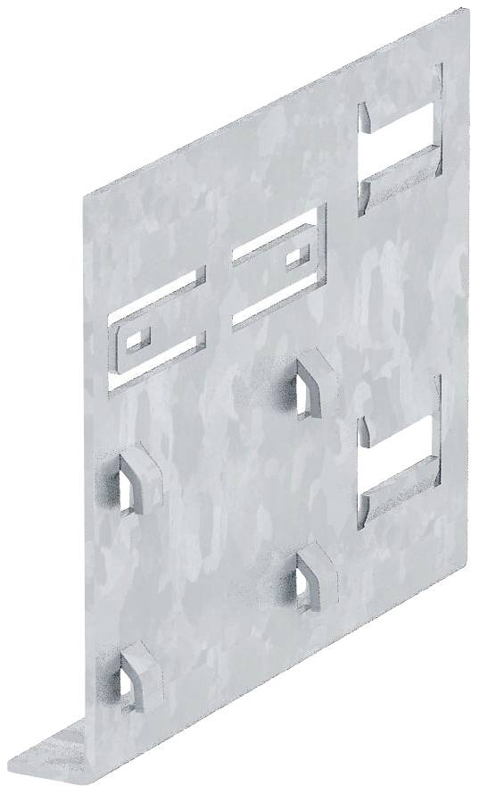 Plaque métallique avec des découpes rectangulaires utilisée pour la fixation ou le montage de composants.