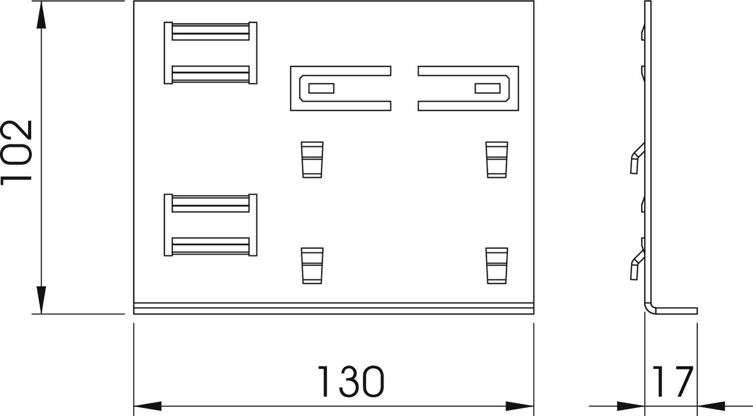 Dessin technique d'un support avec les dimensions 130 mm de largeur, 102 mm de hauteur et 17 mm de profondeur. Présente les détails de fixation et de montage.