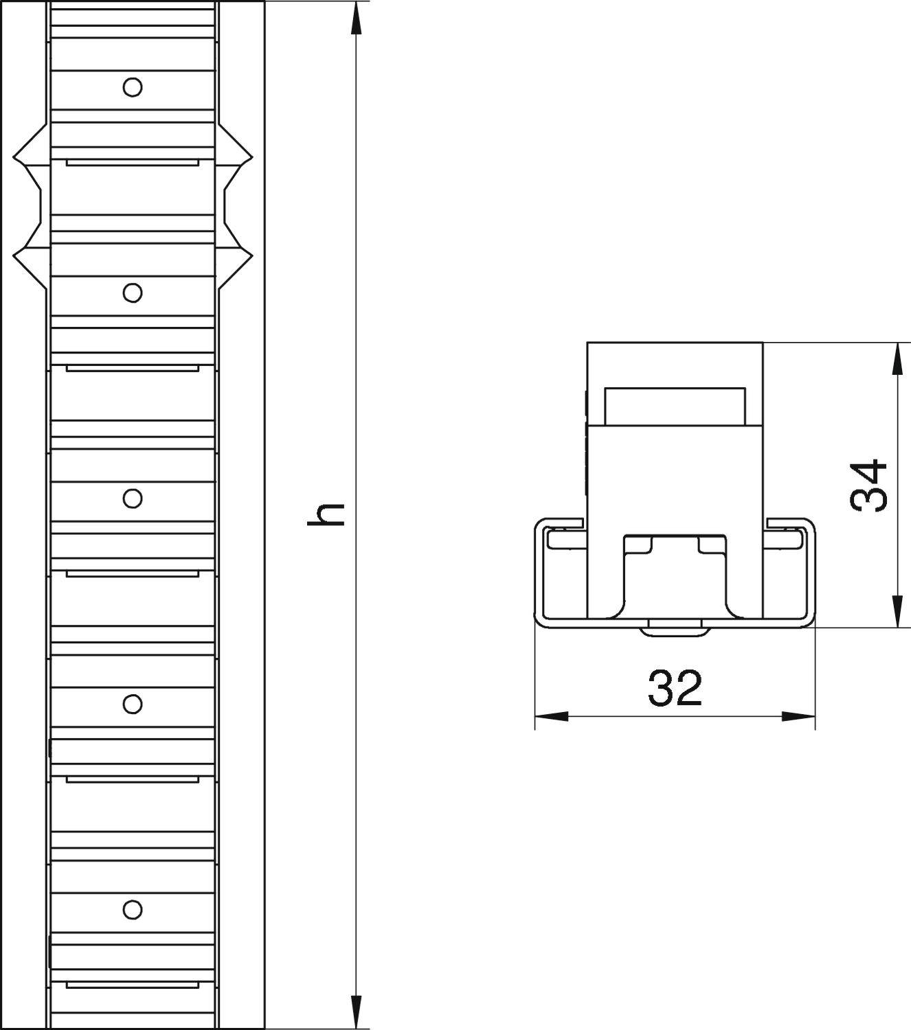 Dessin technique d'un composant mécanique. À gauche : vue verticale avec étiquette 'h'. À droite : vue en coupe avec dimensions de 34 mm et 32 mm.